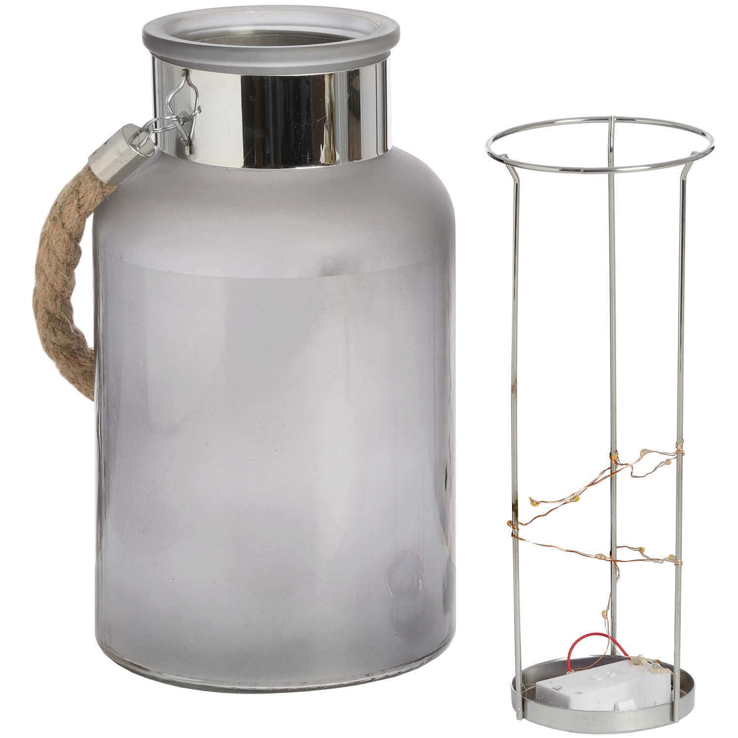 Frosted grey glass lantern with rope handle and LED lights, glowing starlight effect for indoor or outdoor ambiance. by RoomLondon at brixbailey.com