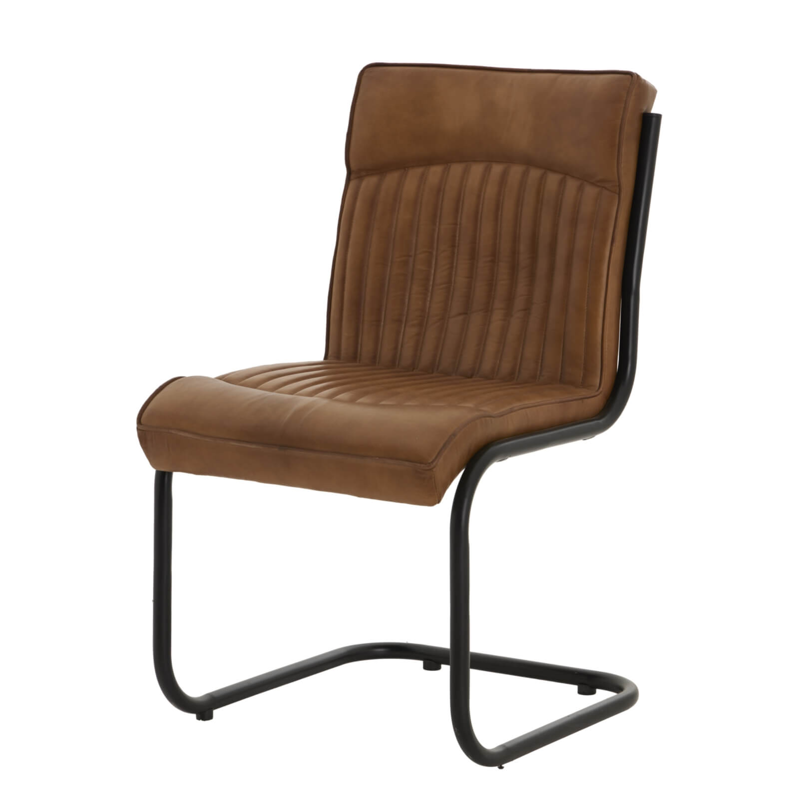 Brown leather Billy dining chair with black metal frame and vertical channeling, industrial chic design by Sostter at brixbailey.com