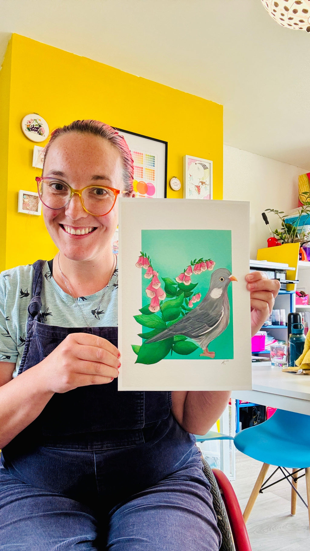 Wood Pigeon and Foxglove Art Print British Wildlife Illustration