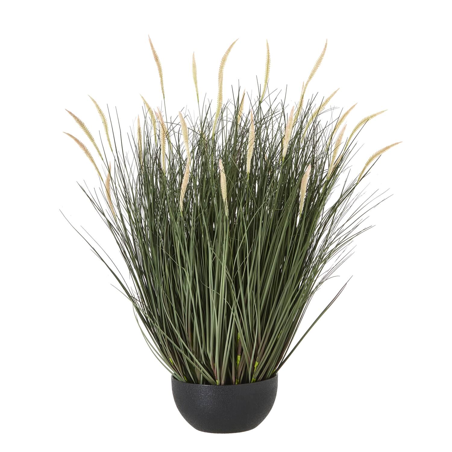 Lifelike faux Fountain Grass in natural green tones, 81cm tall with feathery plumes, displayed in sleek black pot. by Sostter at brixbailey.com