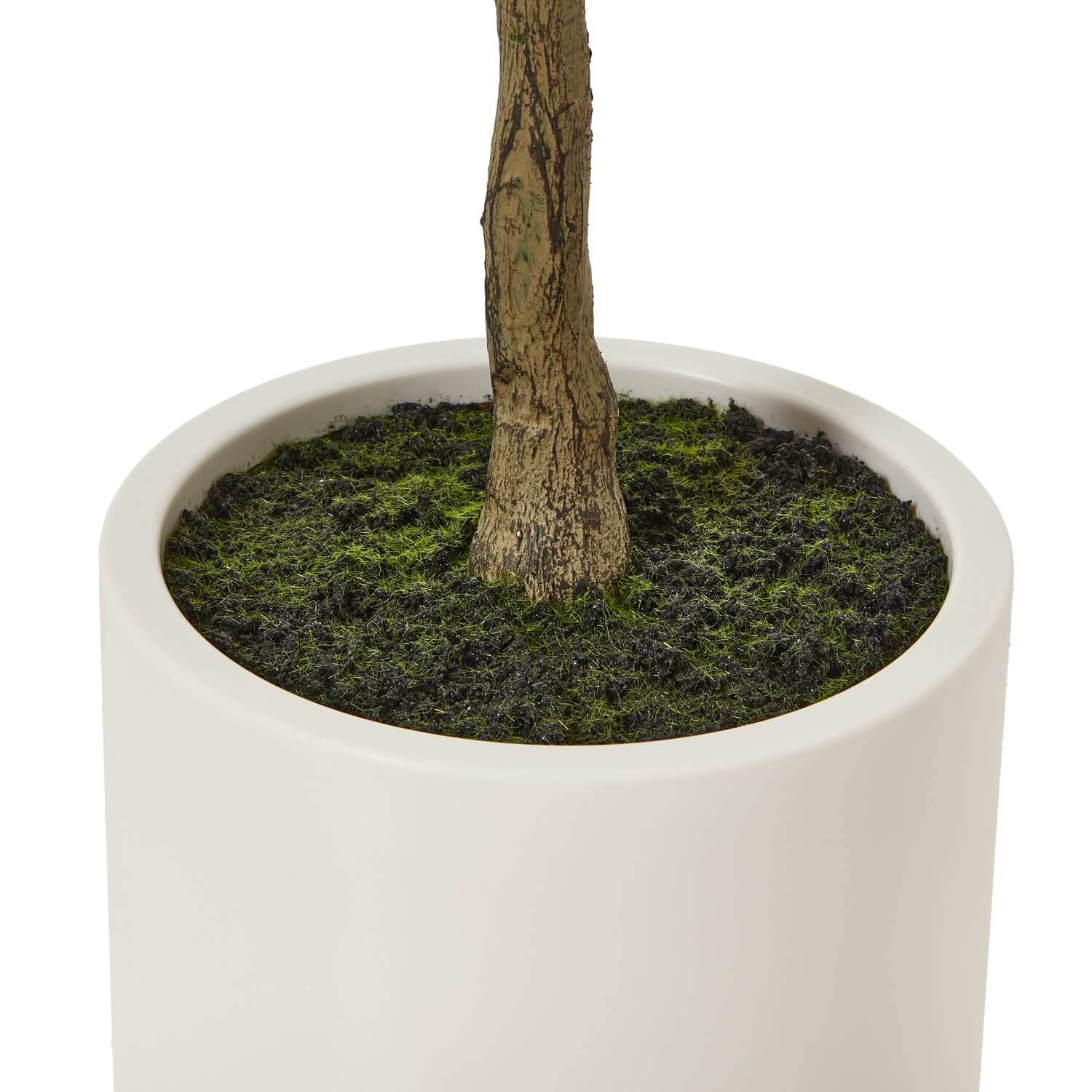 Lifelike 150cm Apulia Olive Tree with silvery-green leaves, gnarled trunk, and faux olives in white planter by Sostter at brixbailey.com