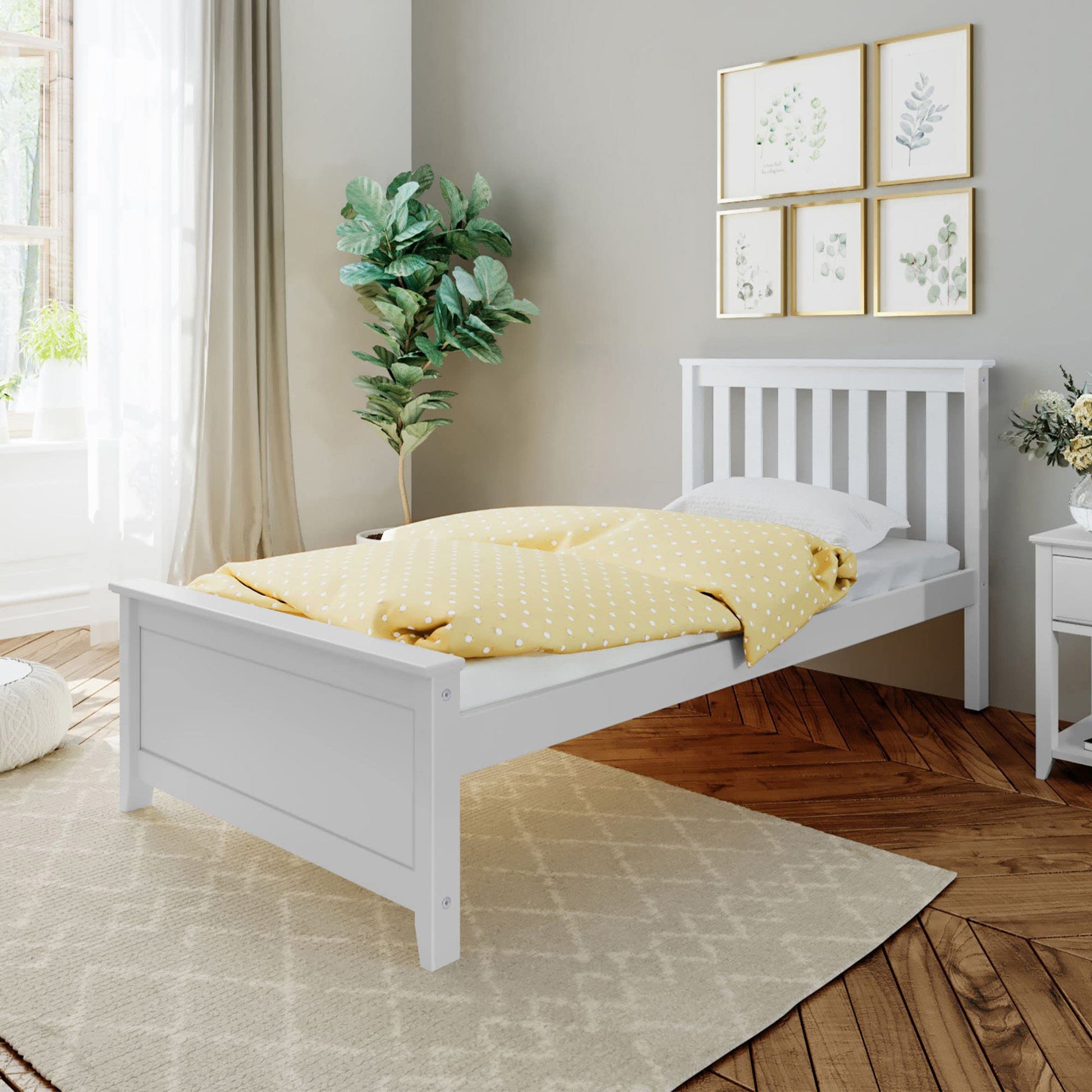 Single Bed Frame with Headboard for Kids, Wood Slatted, White