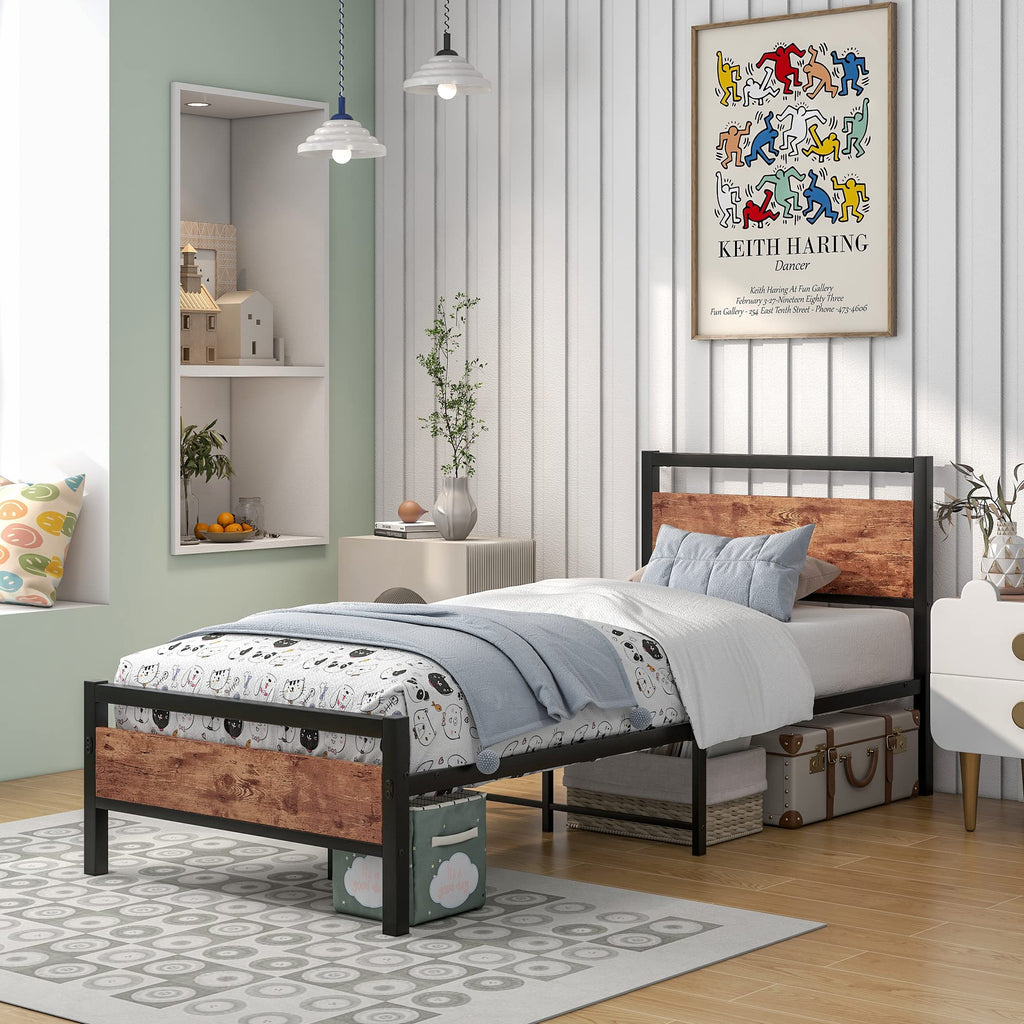 Industrial Metal Single Bed Frame with Wood Headboard