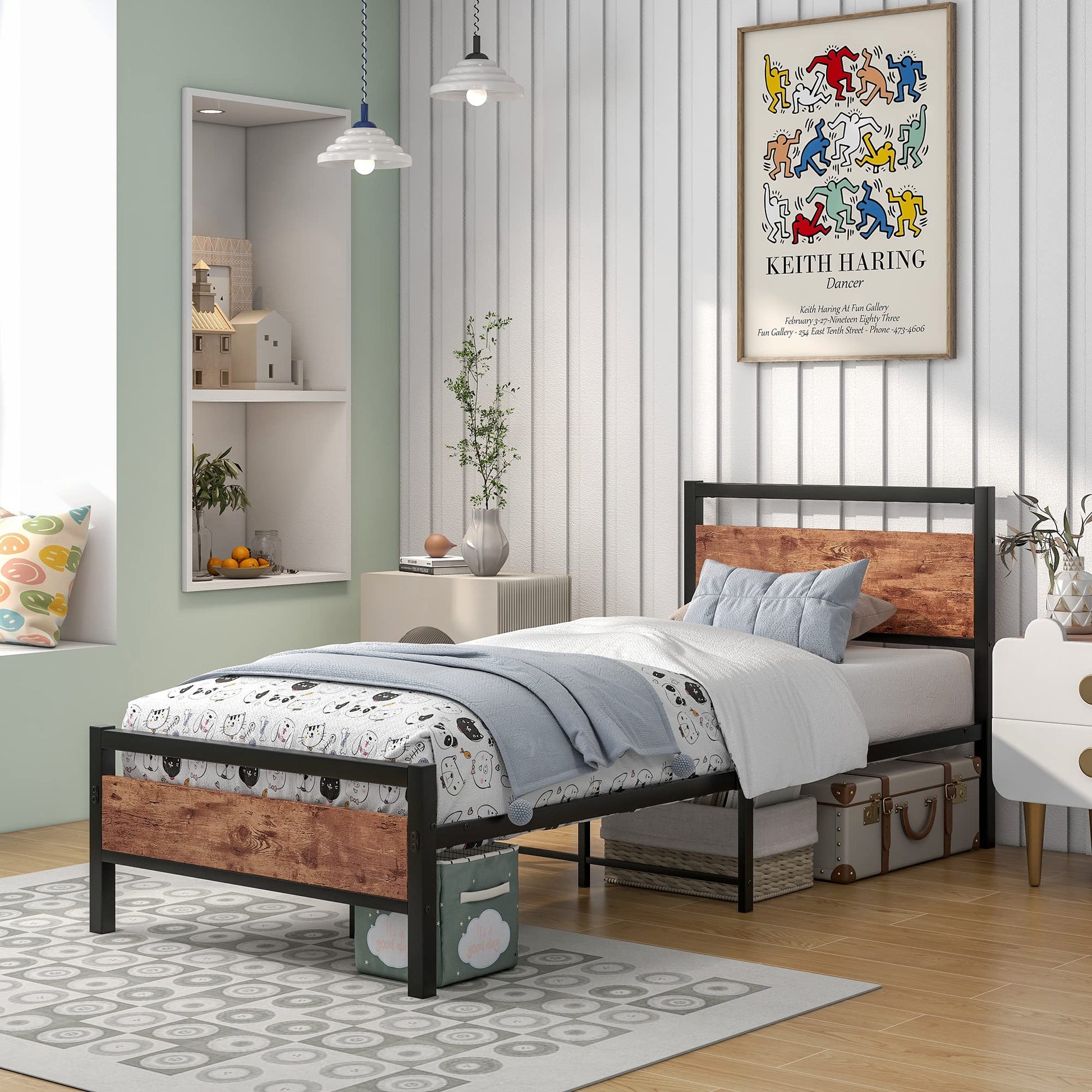 Industrial Metal Single Bed Frame with Wood Headboard