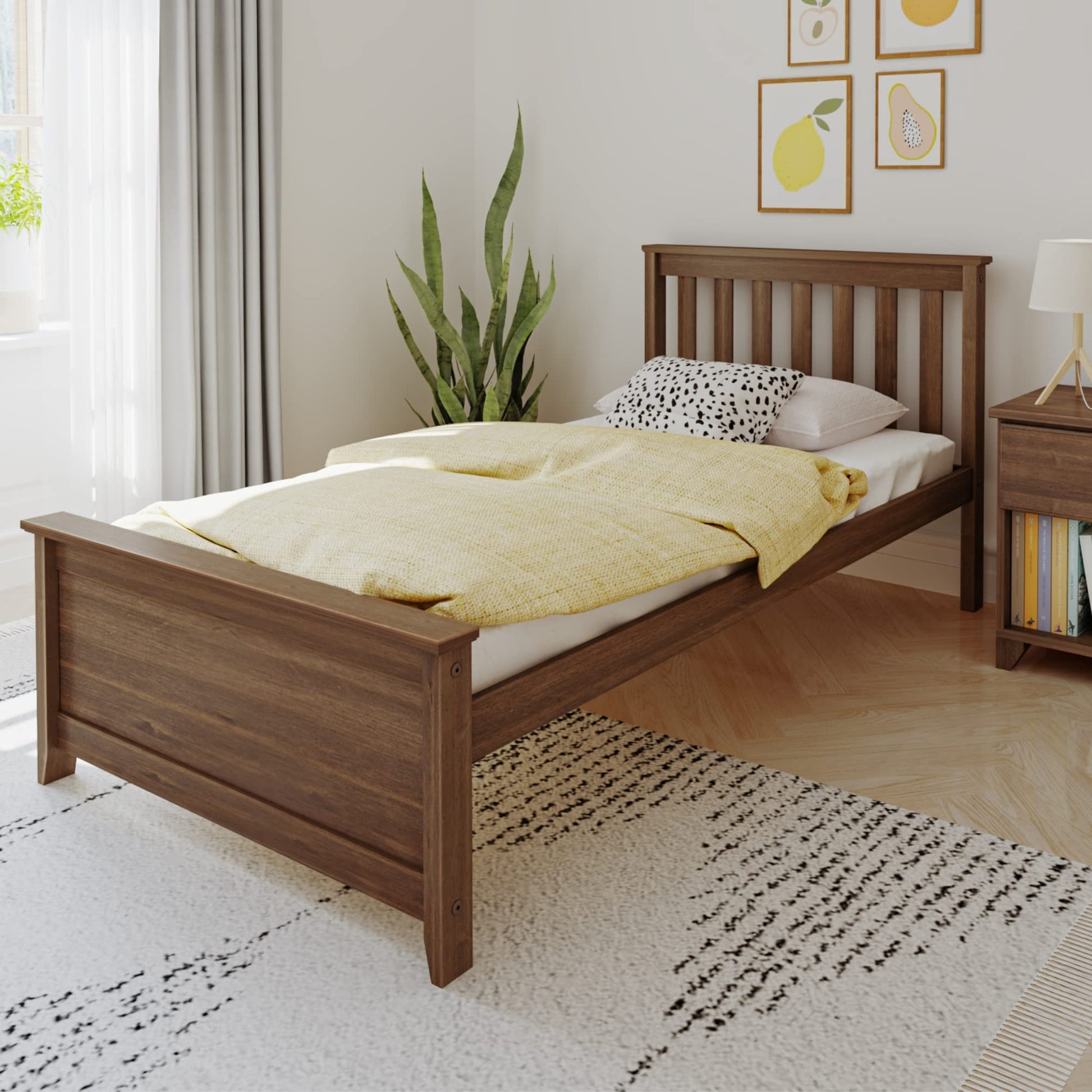 Single Bed Frame with Headboard for Kids, Solid Wood Slatted Design
