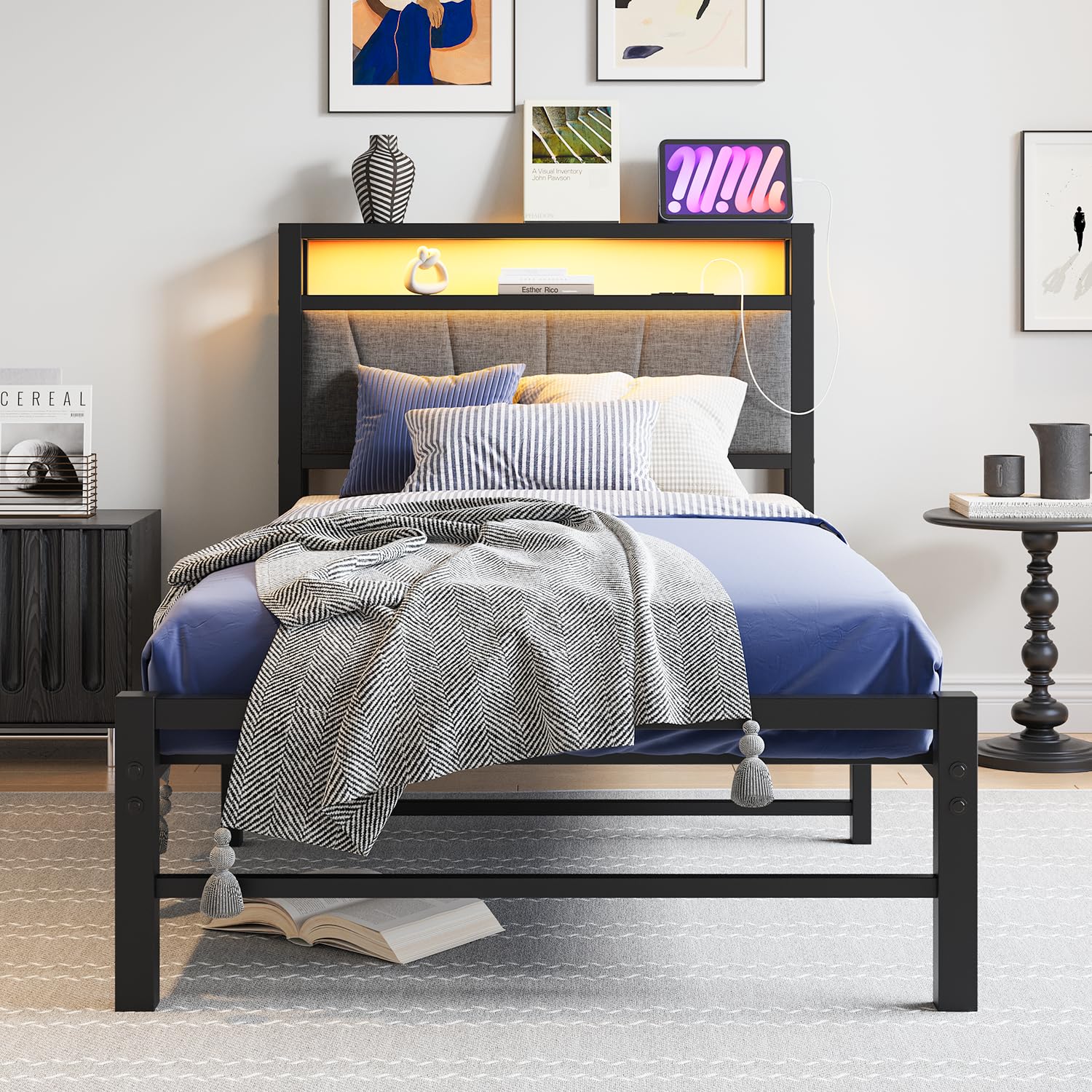 3ft Single Bed Frame with Storage Headboard, USB Charging Station and RGB LED Lights