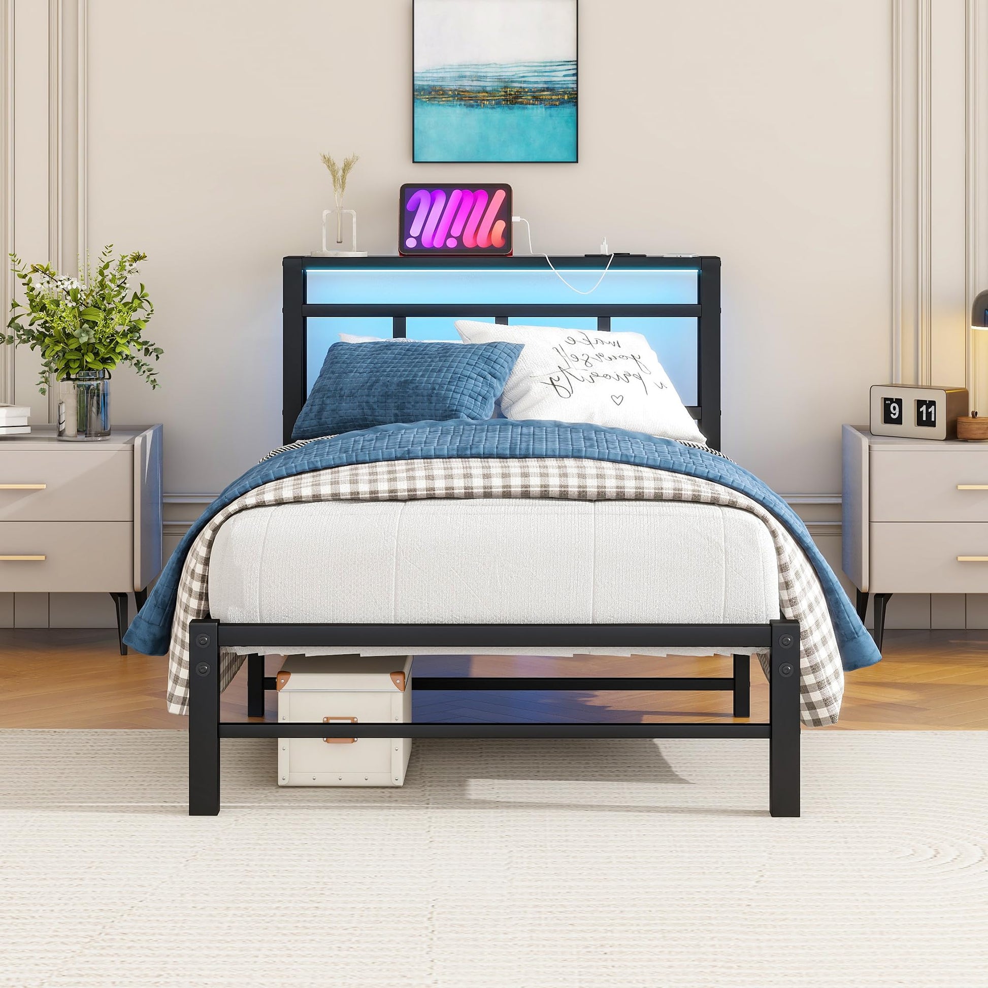 3ft Single Bed Frame with Storage Headboard, LED Lights and Charging Station