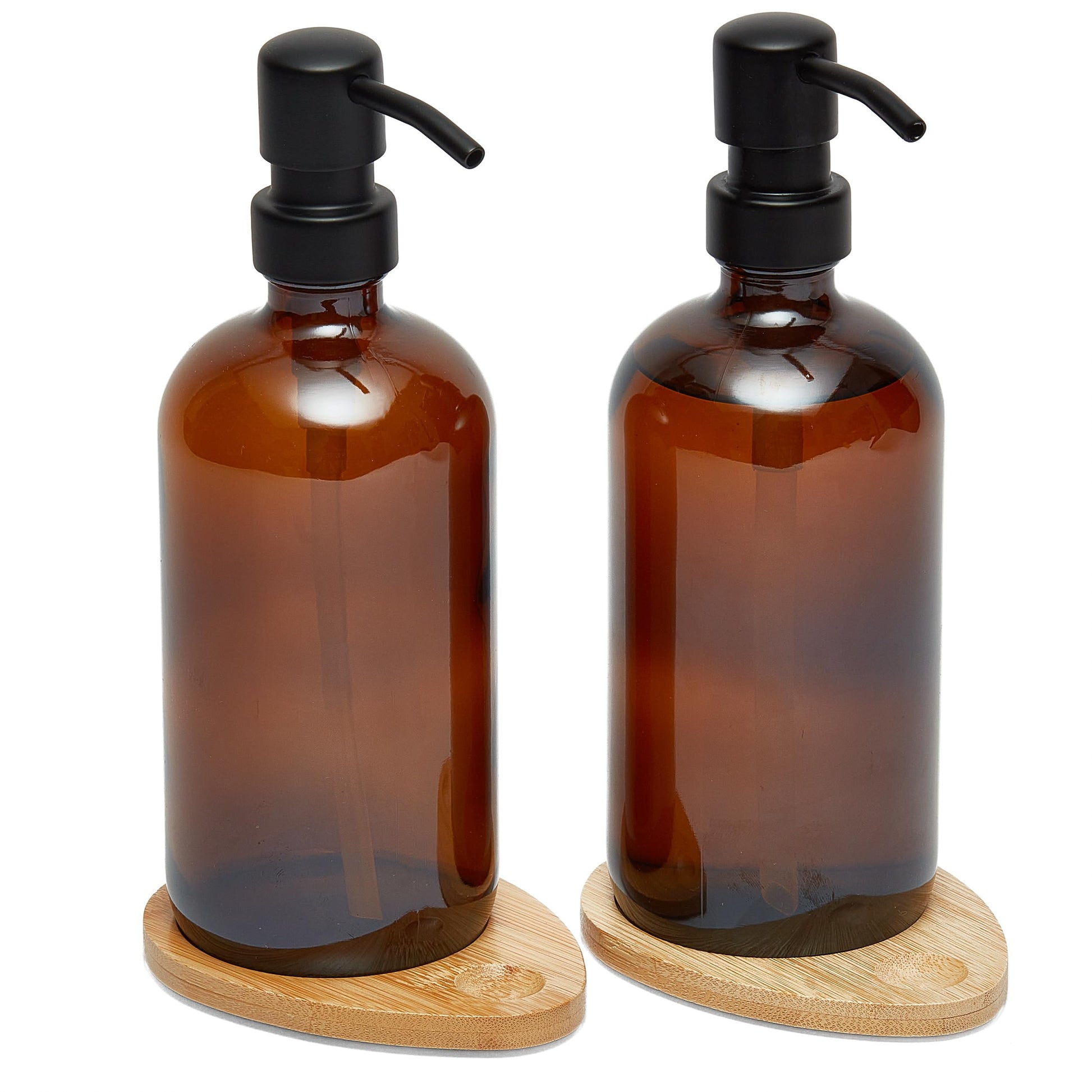 Set of 2 Refillable 500ml Amber Glass Pump Bottles with Bamboo Drip Trays