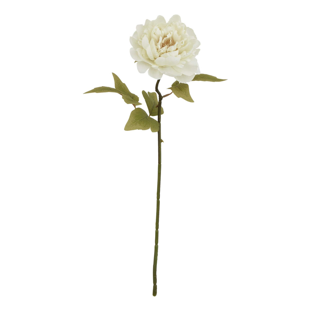 Lifelike white faux peony stem with cream undertones, layered petals, and green leaves for elegant home decor by Sostter at brixbailey.com