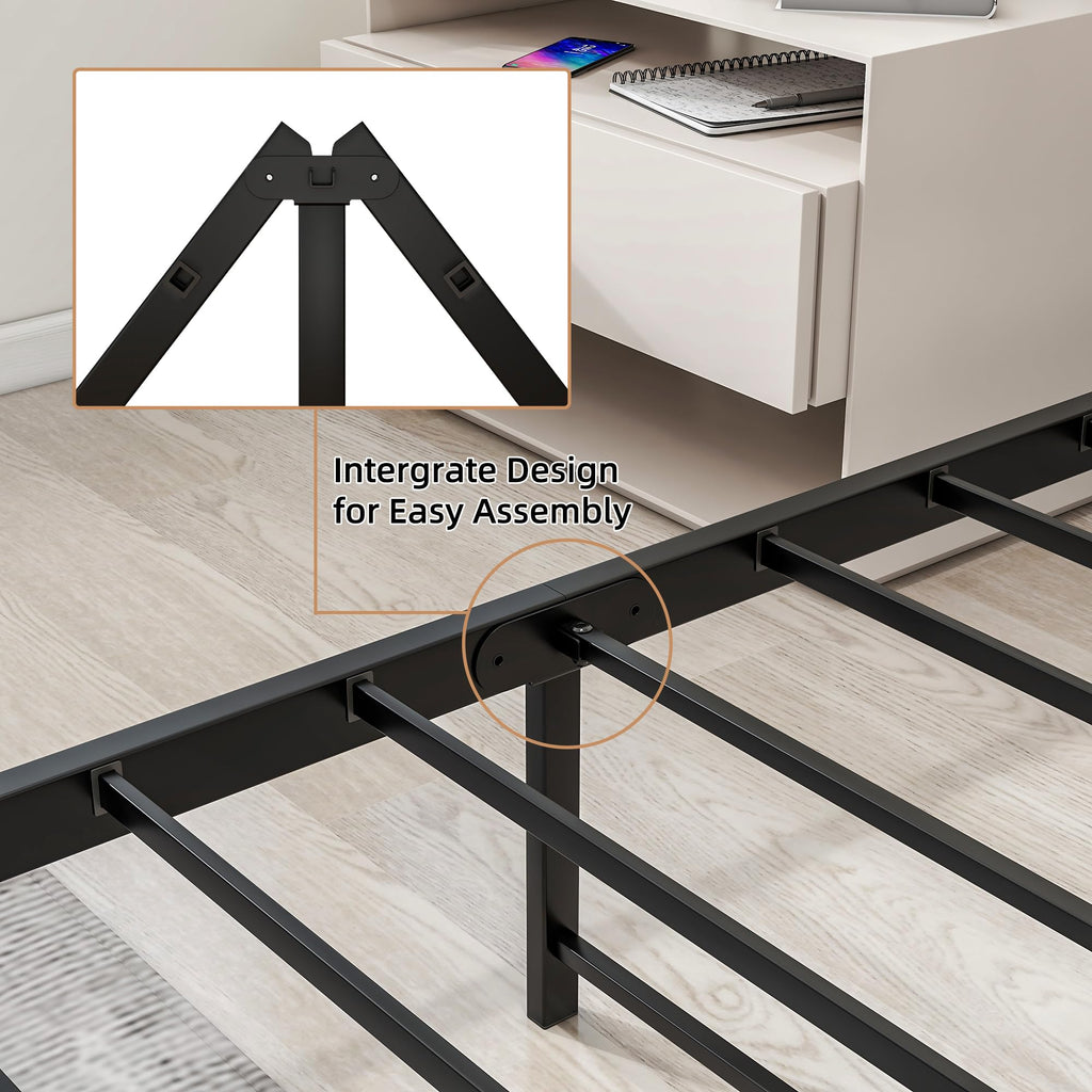 Industrial Metal Single Bed Frame with Wood Headboard