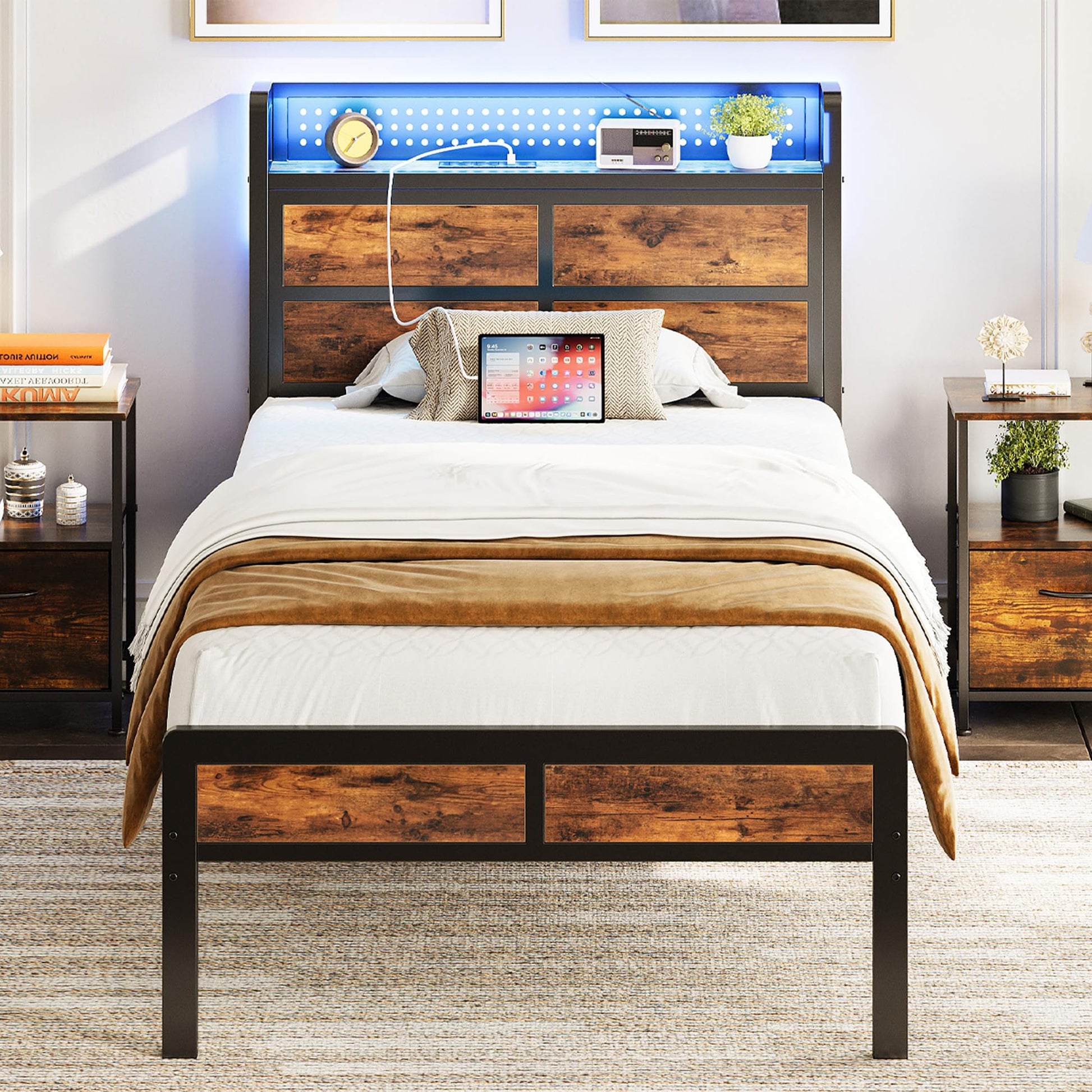 Single Bed Frame with Storage Headboard and LED Lights