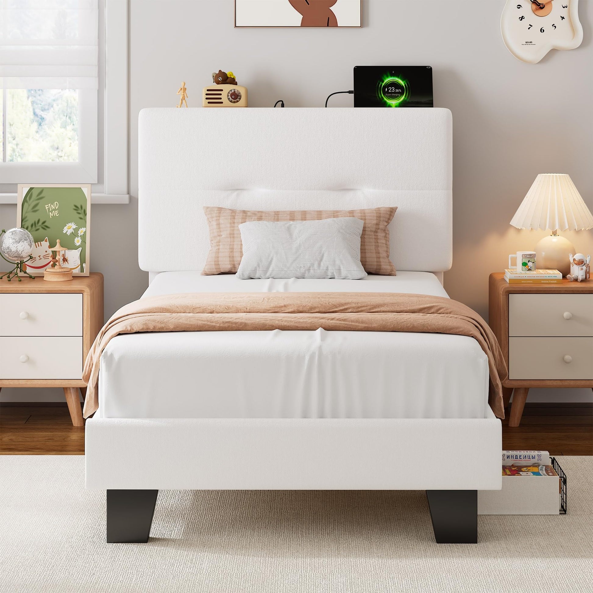 Single Bed Frame with Charging Station and Storage Headboard in Velvet