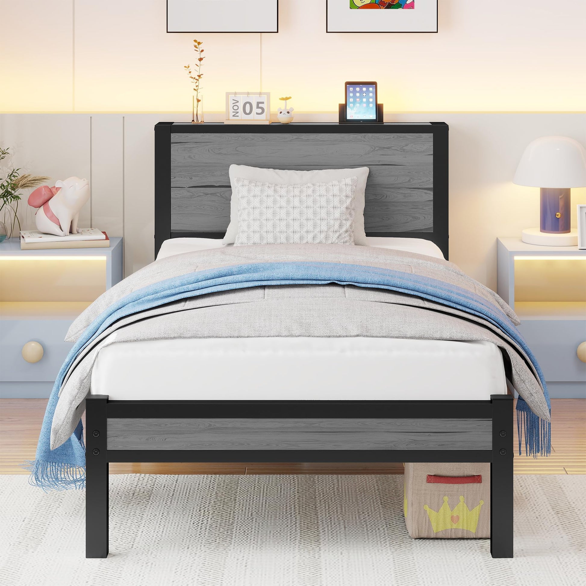 Wooden Single Bed Frame with Storage Headboard Shelf