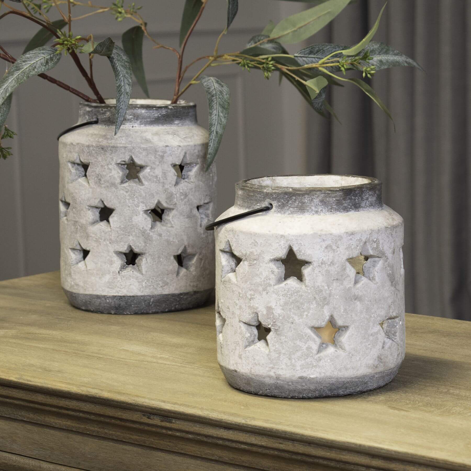 Handcrafted ceramic stone star lantern vase with natural stone texture, neutral color, 23cm height - Bloomville collection by Sostter at brixbailey.com