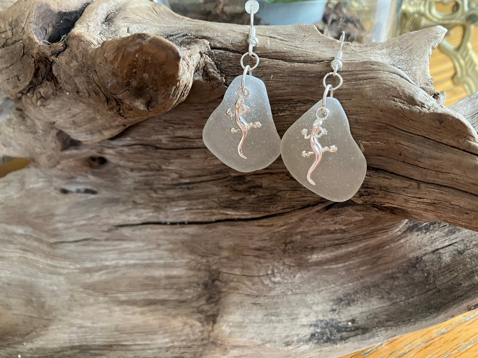 Gecko Lizard Earrings White Seaglass Sterling Silver