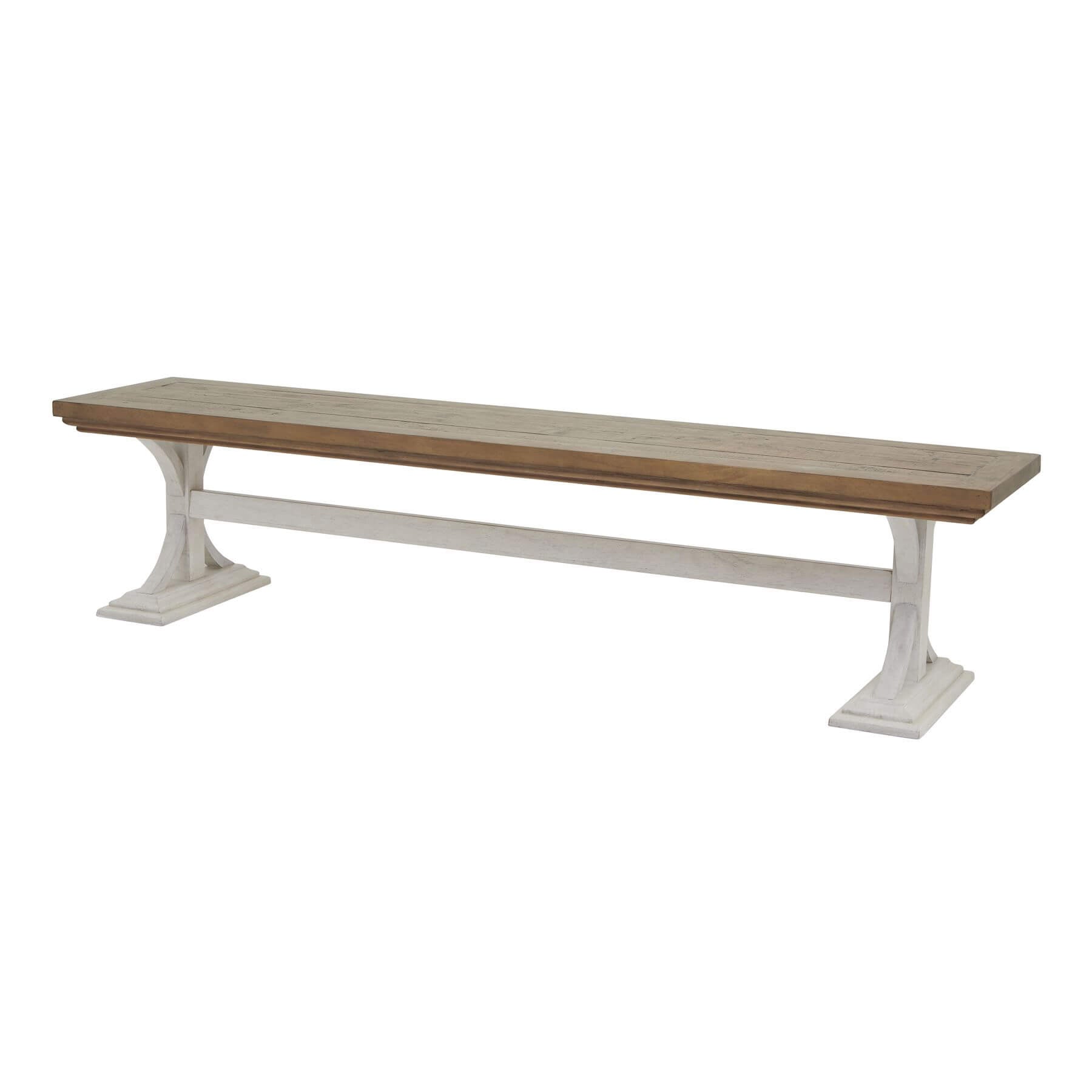 Rustic modern farmhouse dining bench with pine top and white legs, handcrafted solid wood construction by RoomLondon at brixbailey.com
