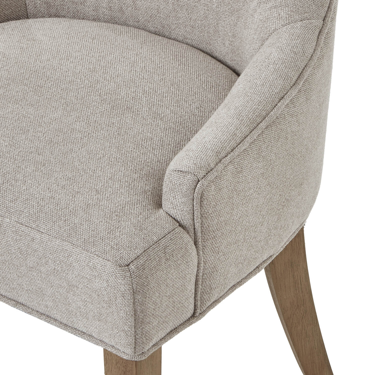 Oatmeal twill dining chair with tufted detailing, curved back, and solid oak legs for elegant comfort by RoomLondon at brixbailey.com