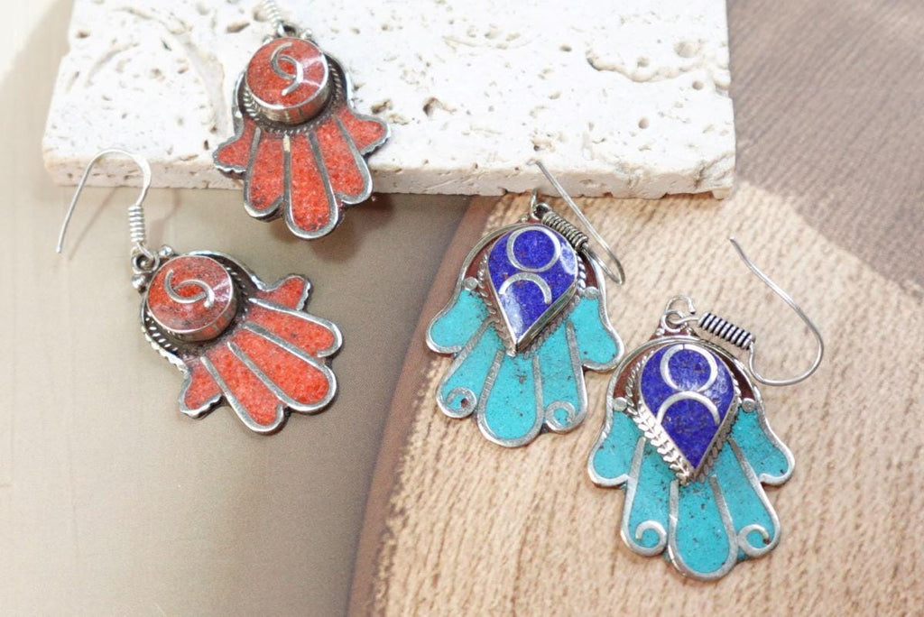 Traditional Tibetan Earrings in Silver, Coral and Amber