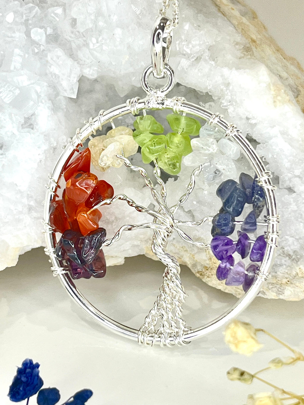 Silver Plated Tree of Life Chakra Necklace with Natural Crystals