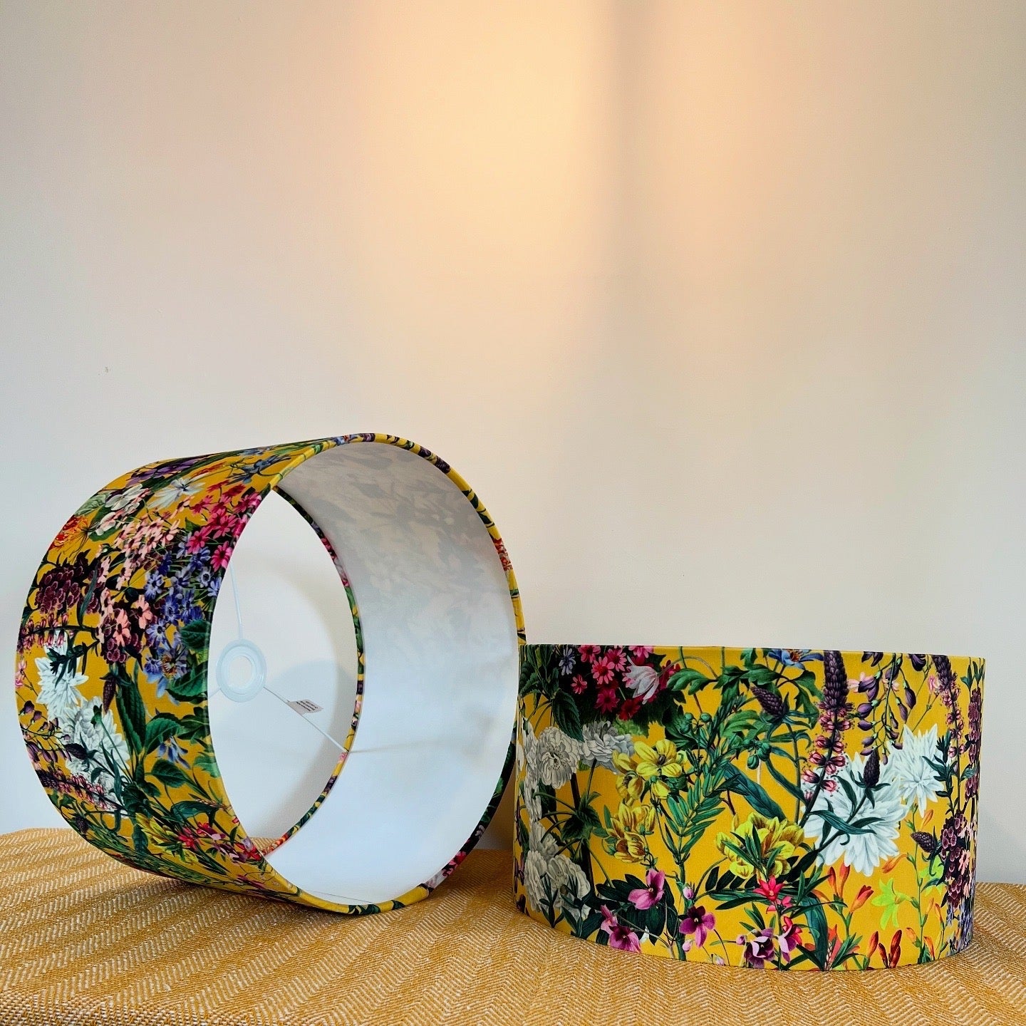 Mustard flowers velvet drum lampshade / ceiling shade with a white lining