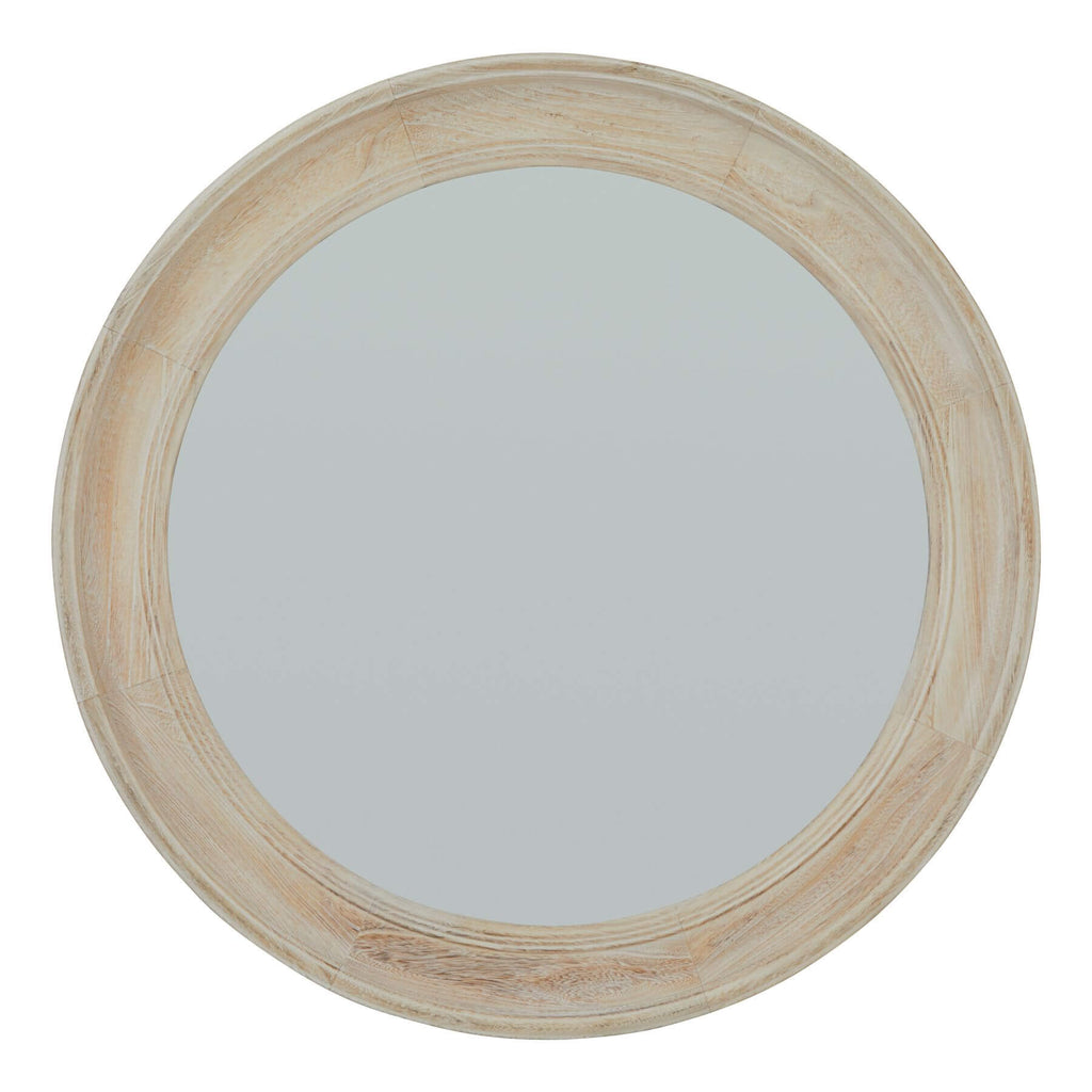 Washed wood round mirror with distressed antique white frame, 90cm diameter, rustic home decor statement piece by RoomLondon at brixbailey.com