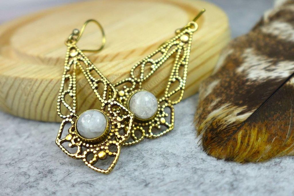 Mandala Brass Earrings with Gemstone Drop
