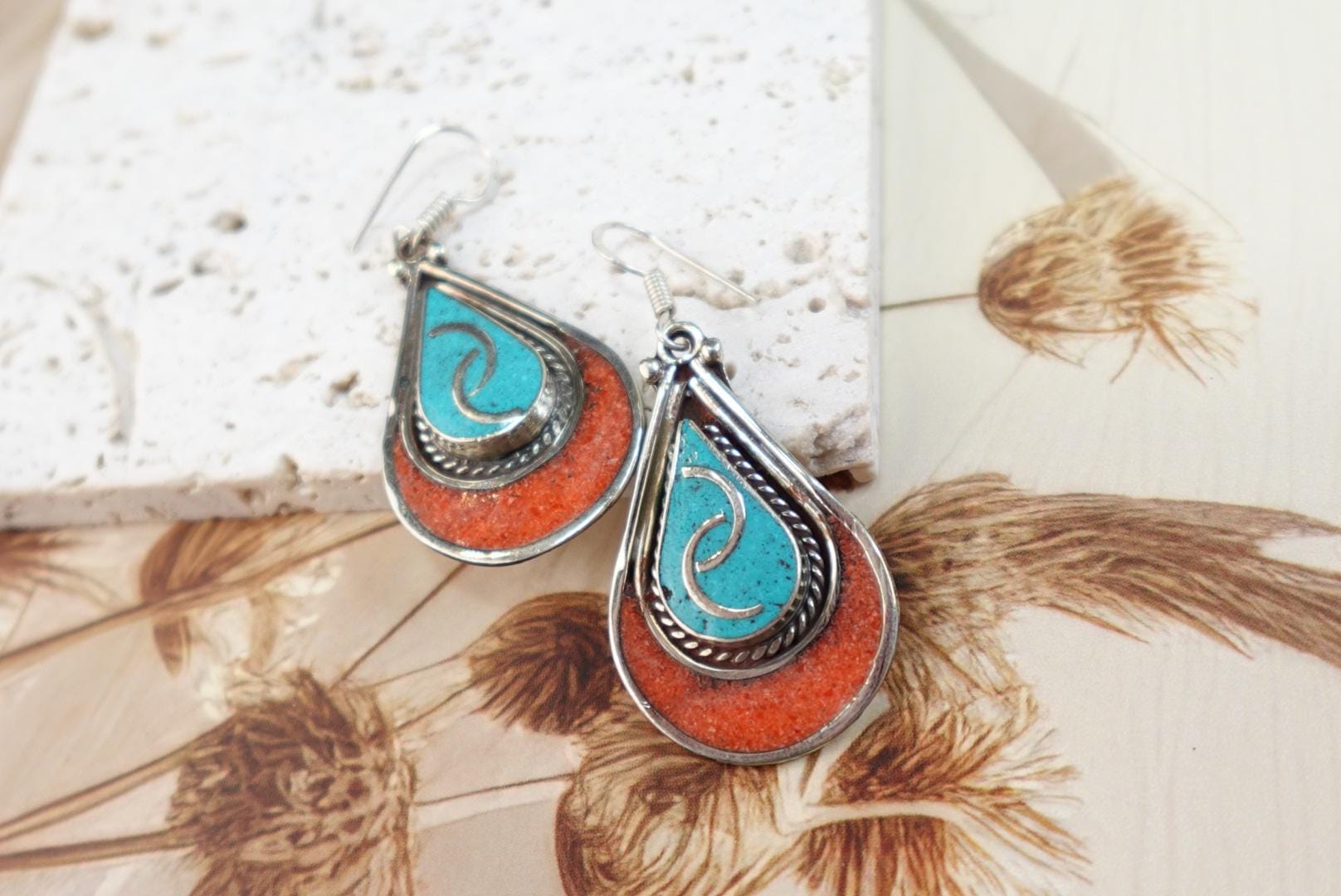 Boho Turquoise and Coral Silver Drop Earrings
