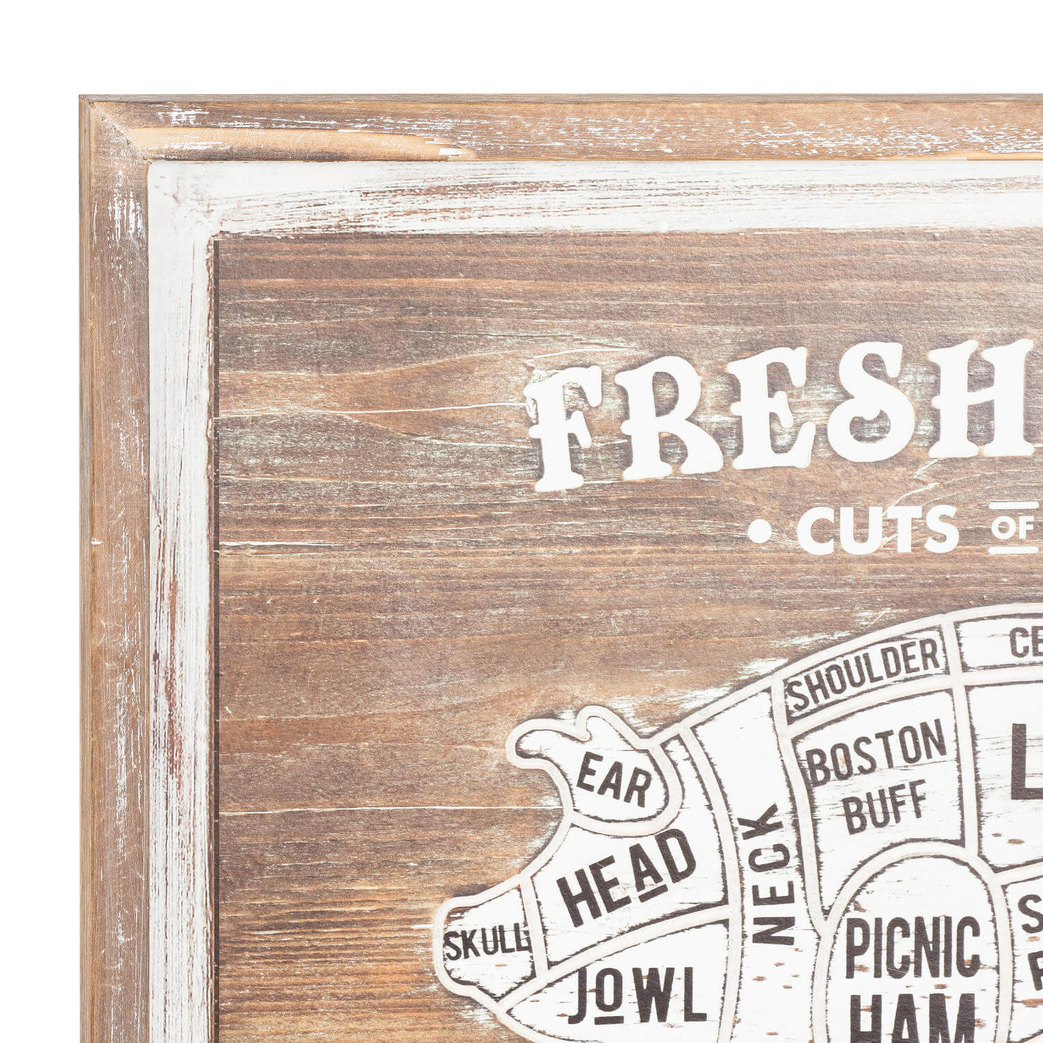 Vintage butcher's guide wall plaque with beef cut diagram, distressed silver frame, and white farmhouse decor for kitchen. by RoomLondon at brixbailey.com