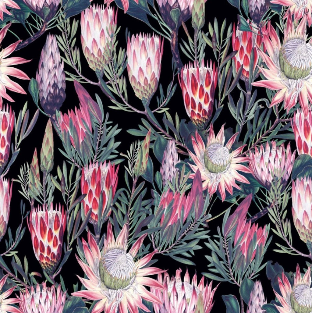 Black and pink botanical velvet french drum lampshade / ceiling light shade, with black fringe and braid