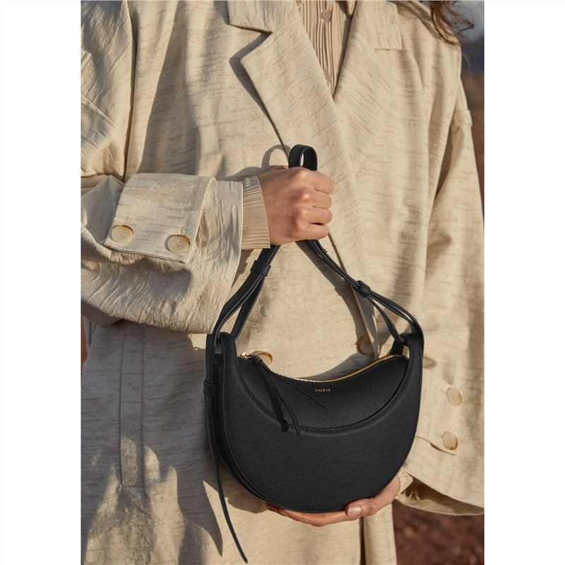 Litchi Leather Crescent Shoulder Bag