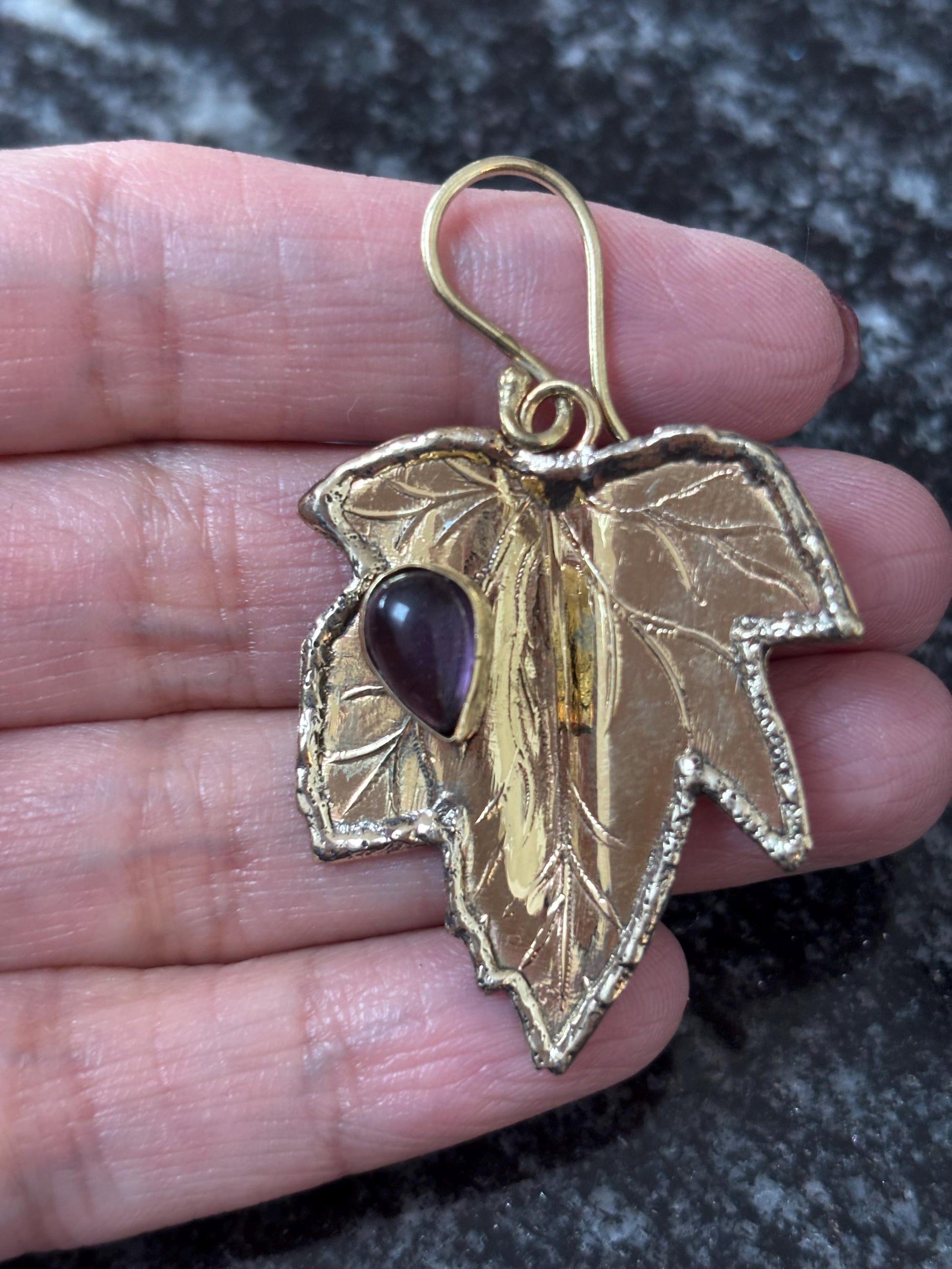 Brass Leaf Dangle Earrings with Blue Lapis and Labradorite