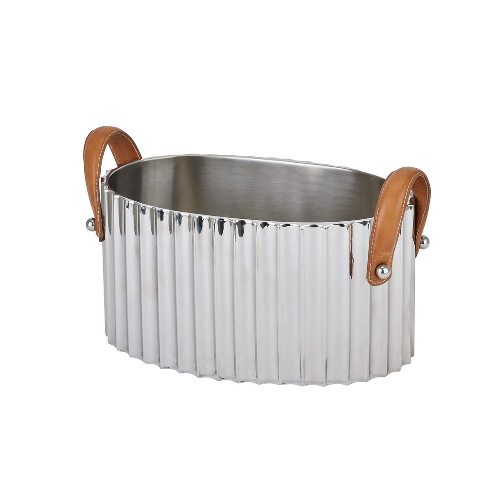 Silver champagne cooler with fluted metal body and leather handles, elegant table centerpiece for entertaining by RoomLondon at brixbailey.com