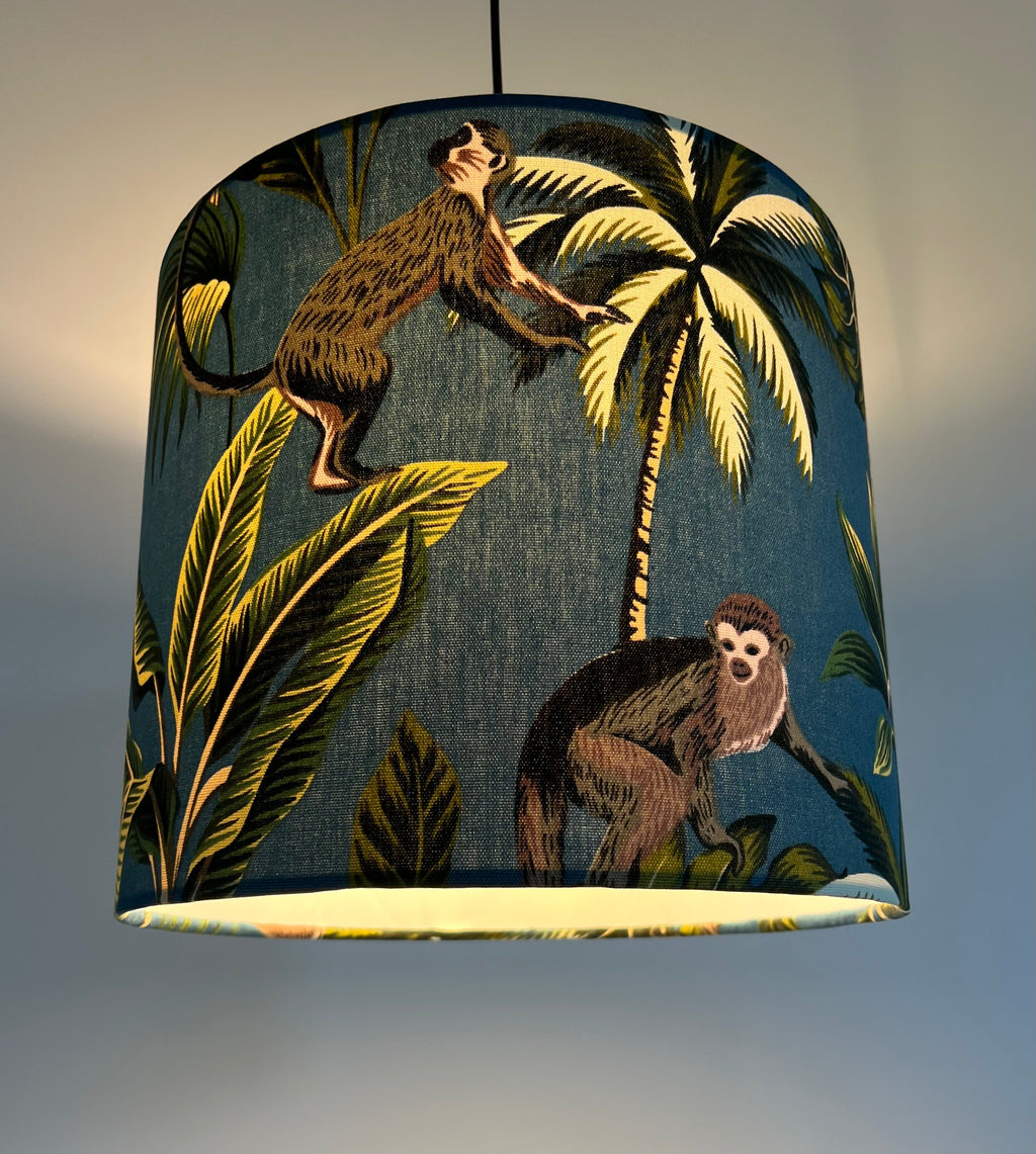 Jungle monkey cotton, in teal, drum lampshade /ceiling shade with a white lining