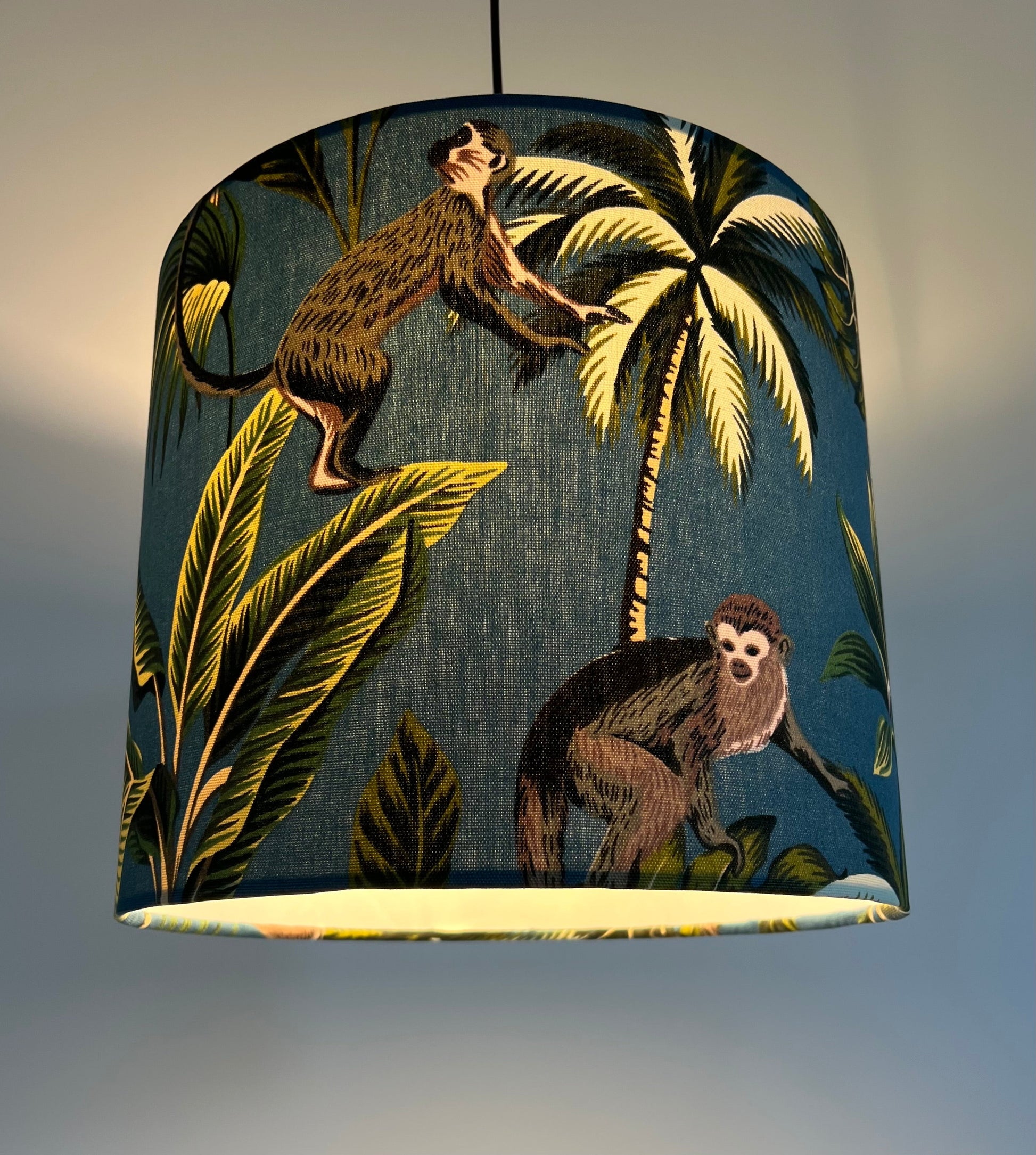 Jungle monkey cotton, in teal, drum lampshade /ceiling shade with a white lining