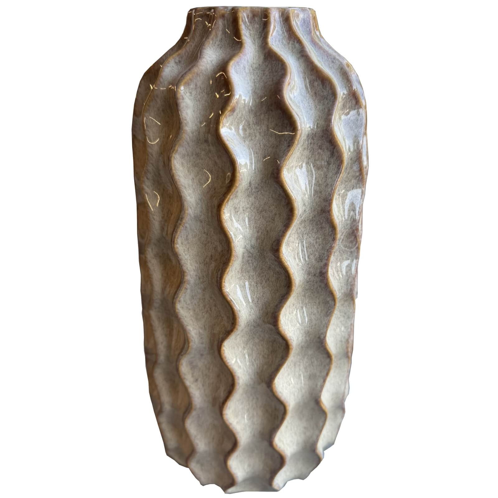 Handcrafted ceramic wave vase in desert brown, organic contemporary design with undulating curves, 39cm tall. by RoomLondon at brixbailey.com