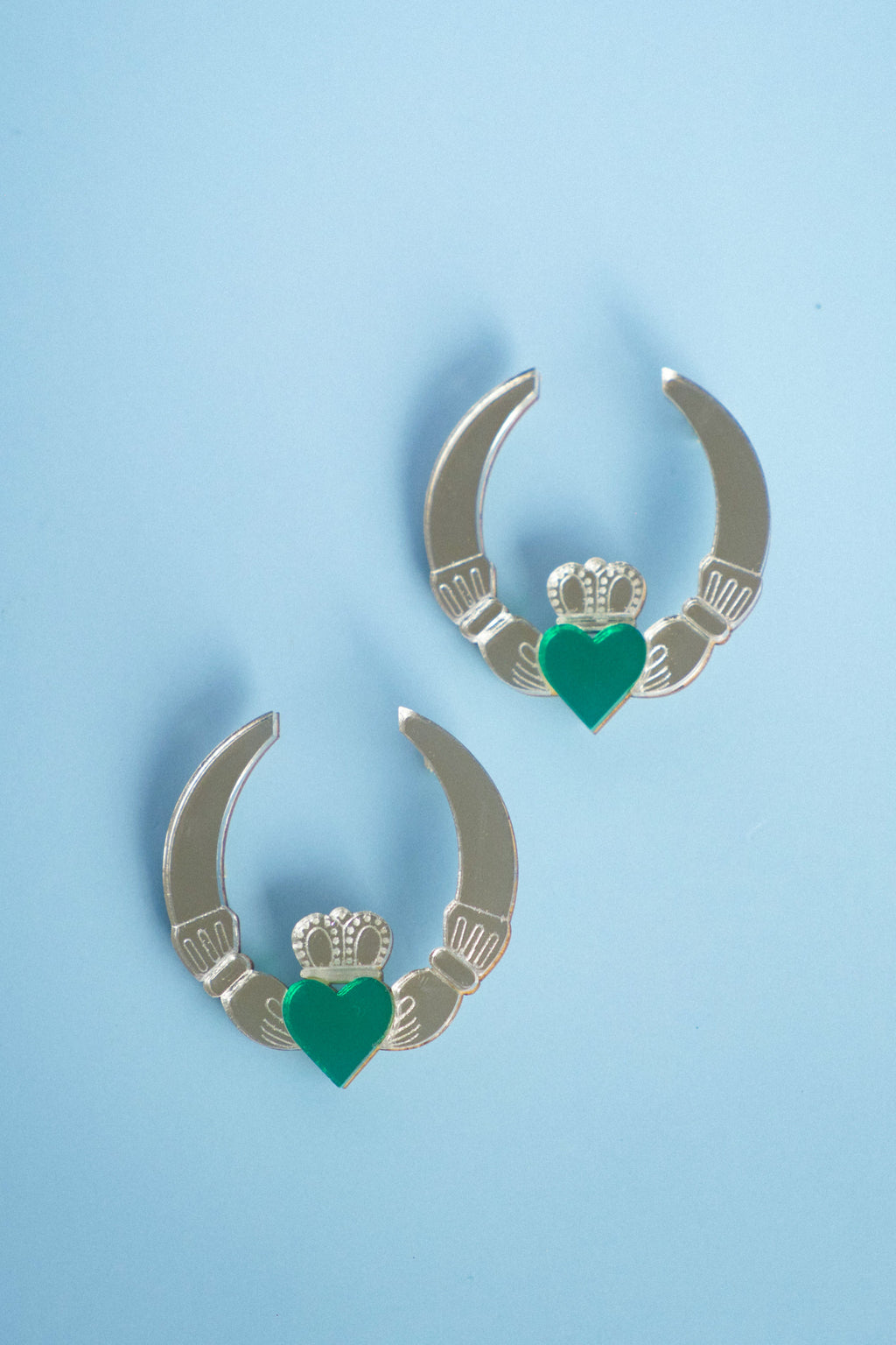 Claddagh Ring Earrings in Silver and Emerald or Gold and Pink