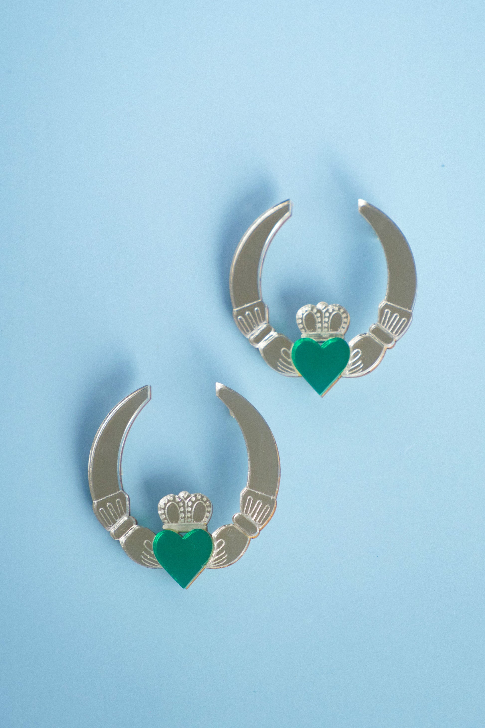 Claddagh Ring Earrings in Silver and Emerald or Gold and Pink