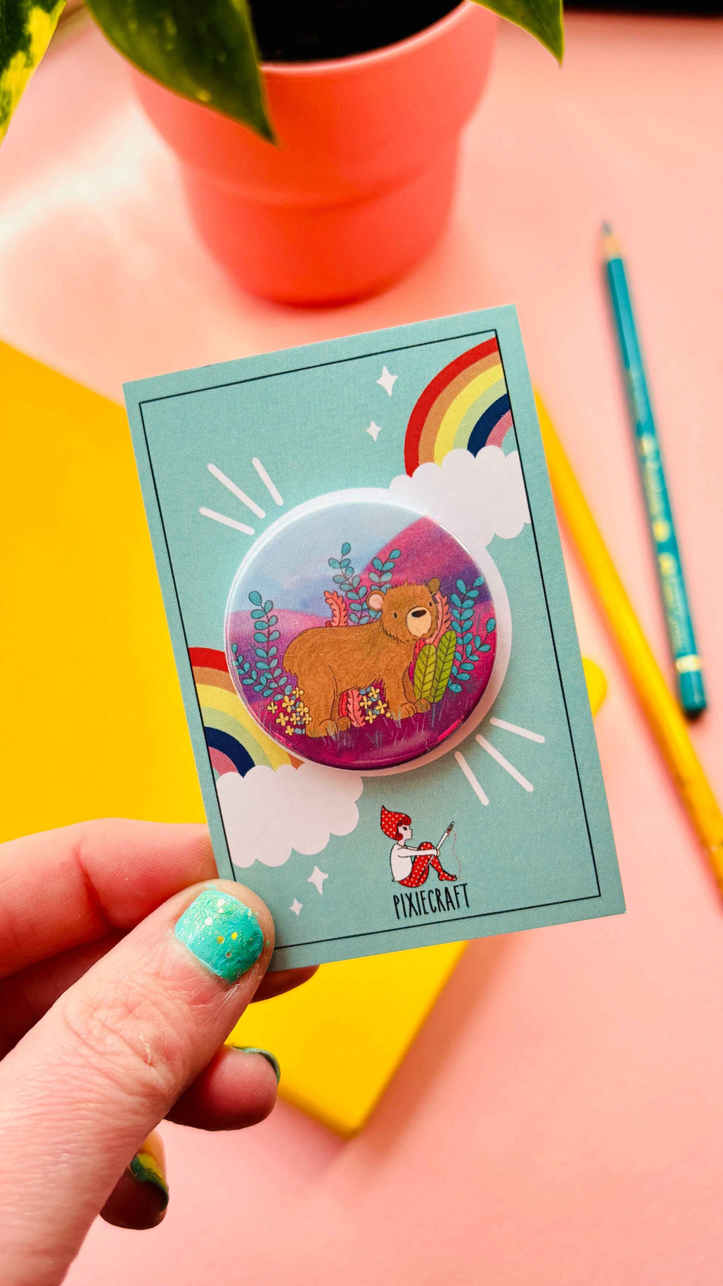 Brown Bear Illustrated Pin Badge or Magnet