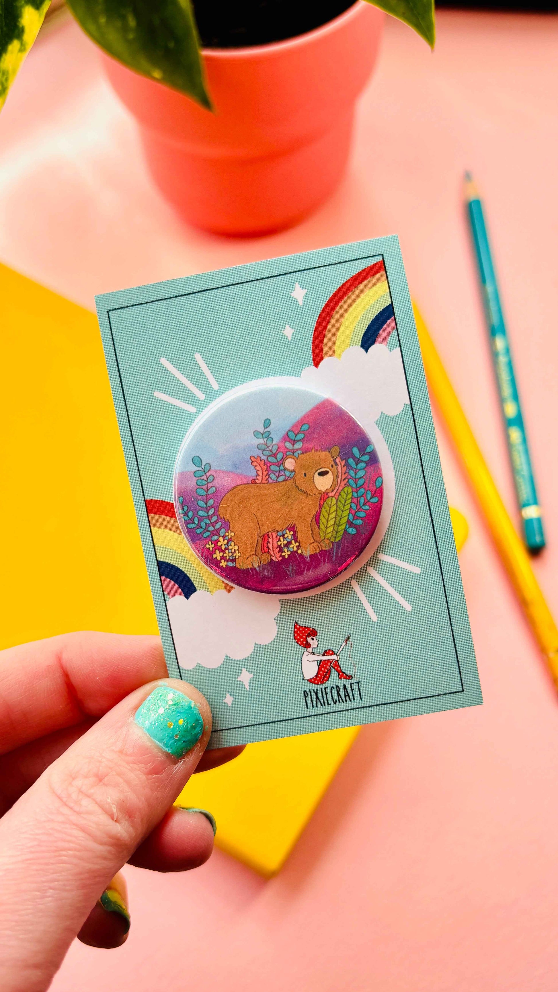 Brown Bear Illustrated Pin Badge or Magnet