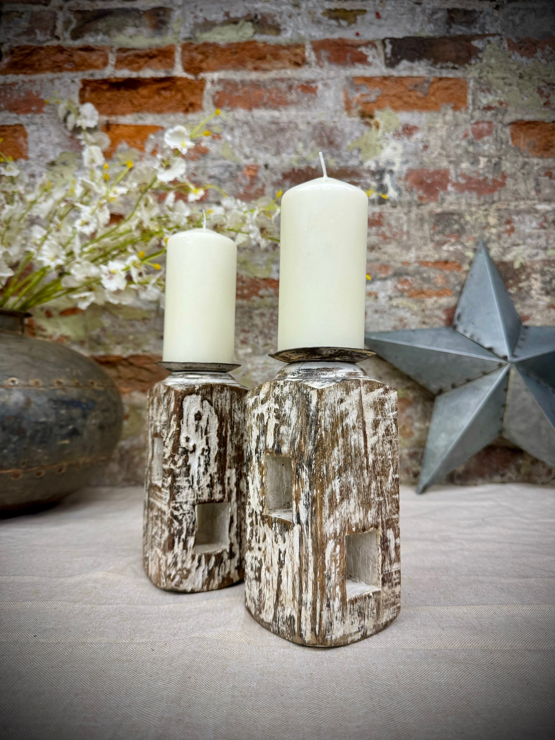 Pair of Rustic Wooden Candle Holders Large