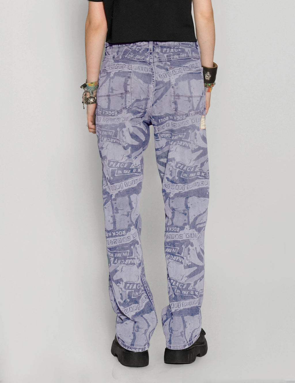 Peace Laser Print Jeans in Light Blue