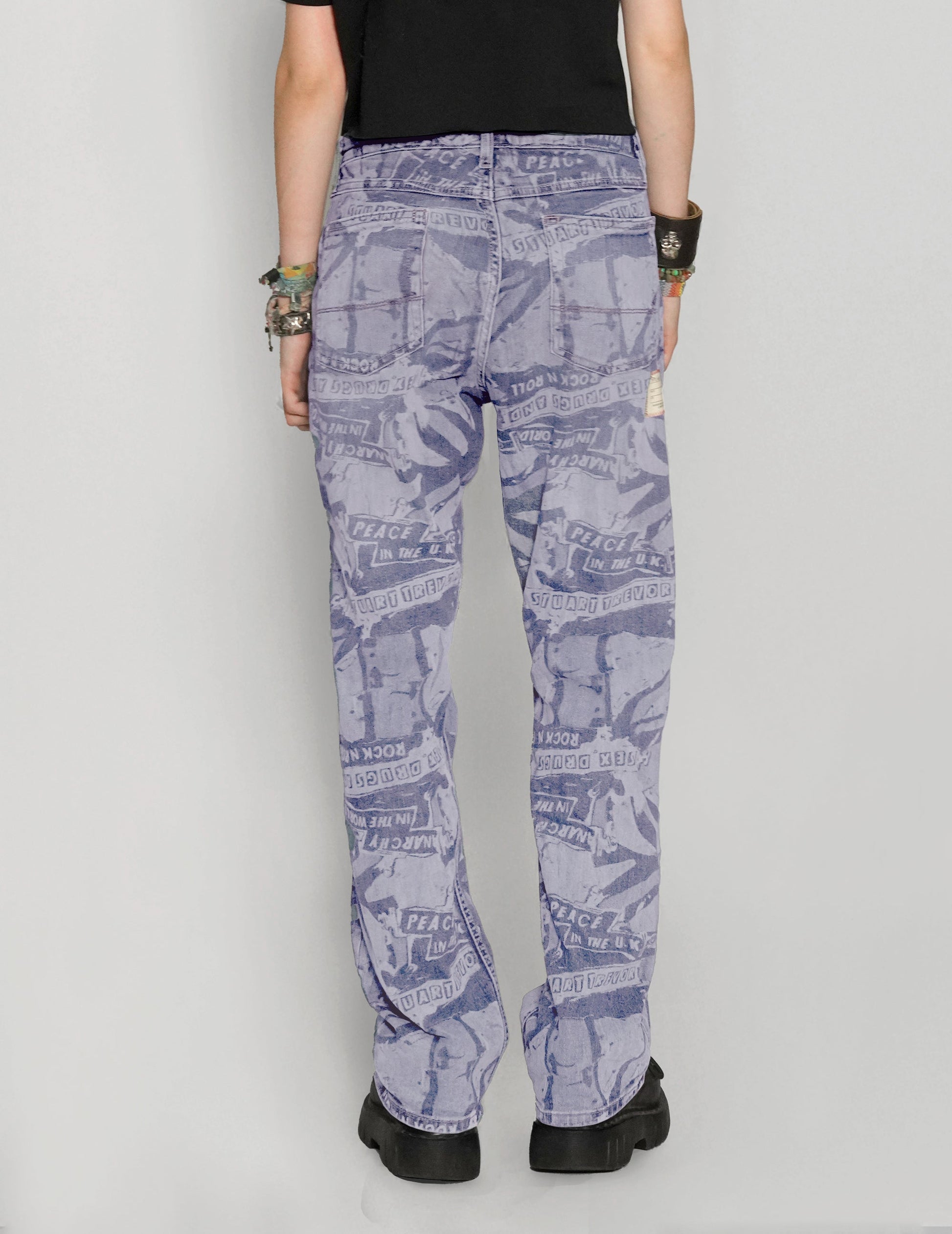 Peace Laser Print Jeans in Light Blue