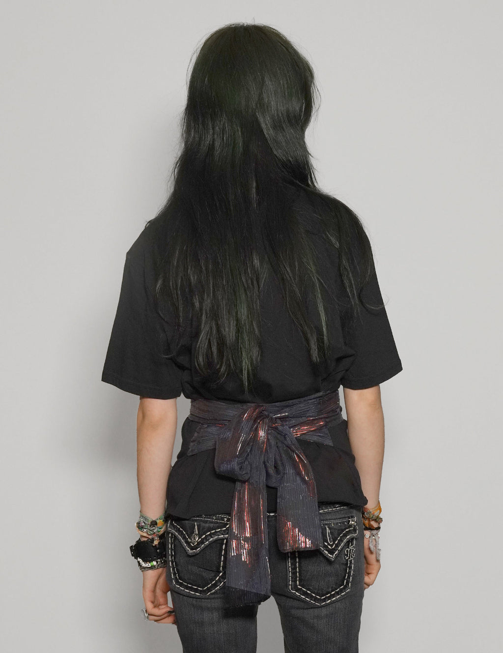 Black Cropped Tie Tee with Blue and Gold Silk Sequin Detail