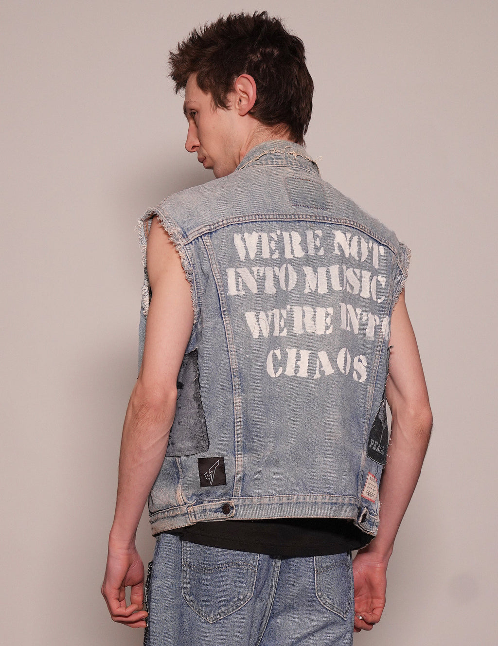 Vintage Hand Painted Denim Jacket Vest with Sex Pistols Quote