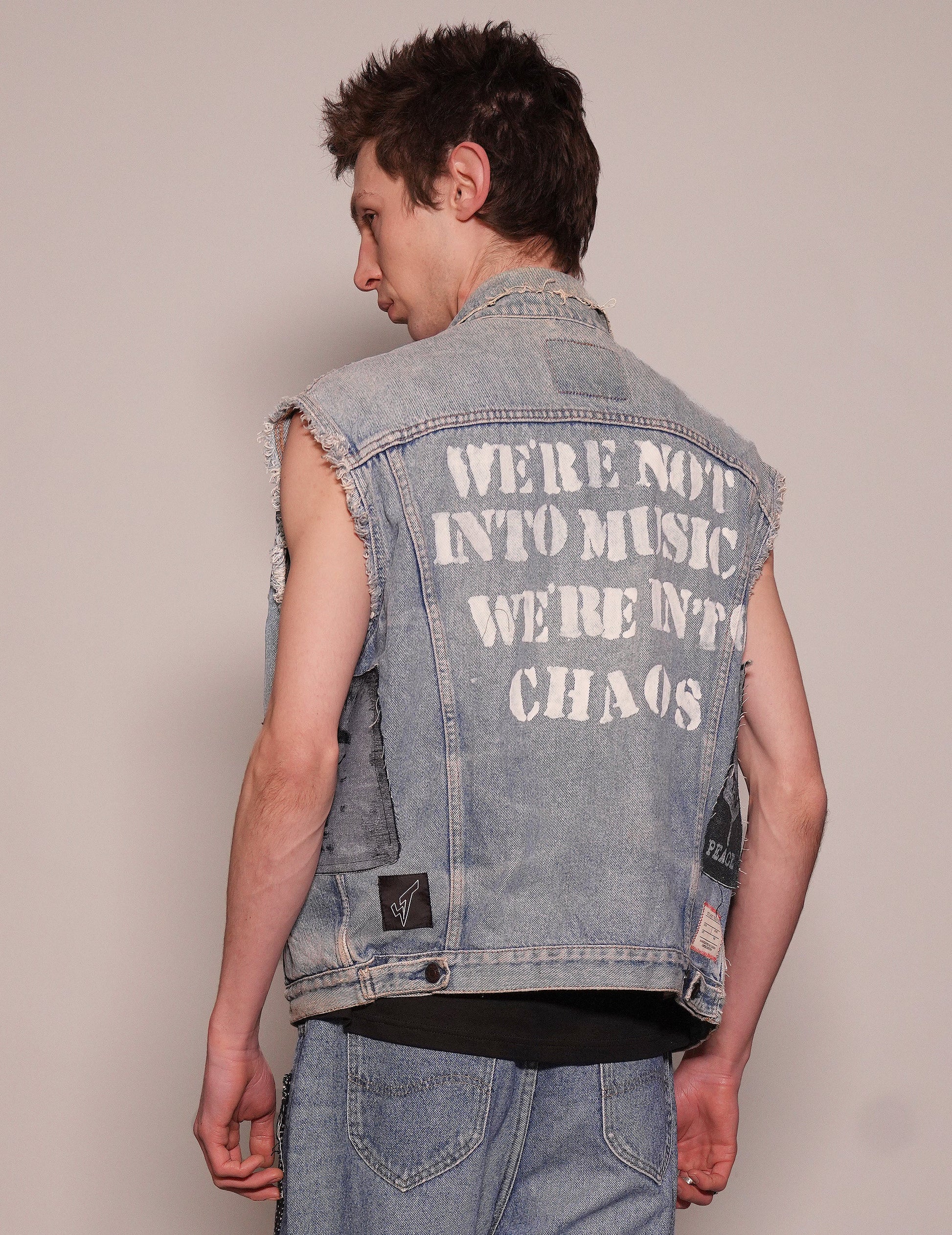 Vintage Hand Painted Denim Jacket Vest with Sex Pistols Quote