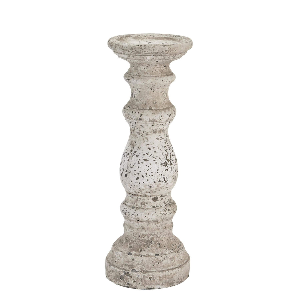 Stone ceramic column candle holder with Greco-Roman-inspired design in neutral matte finish, 38cm tall by RoomLondon at brixbailey.com