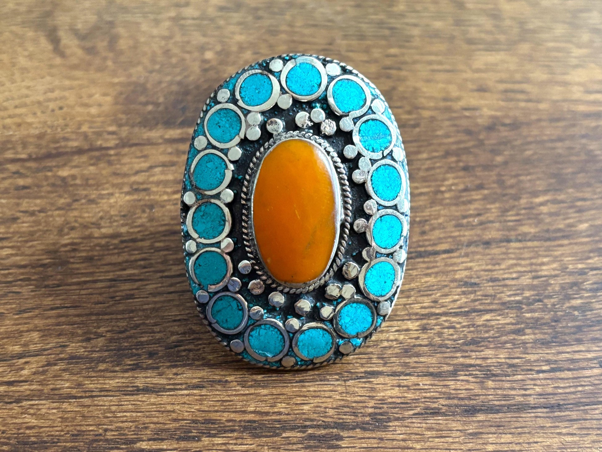 Large Adjustable Tibetan Silver Ring with Turquoise and Coral Inlay