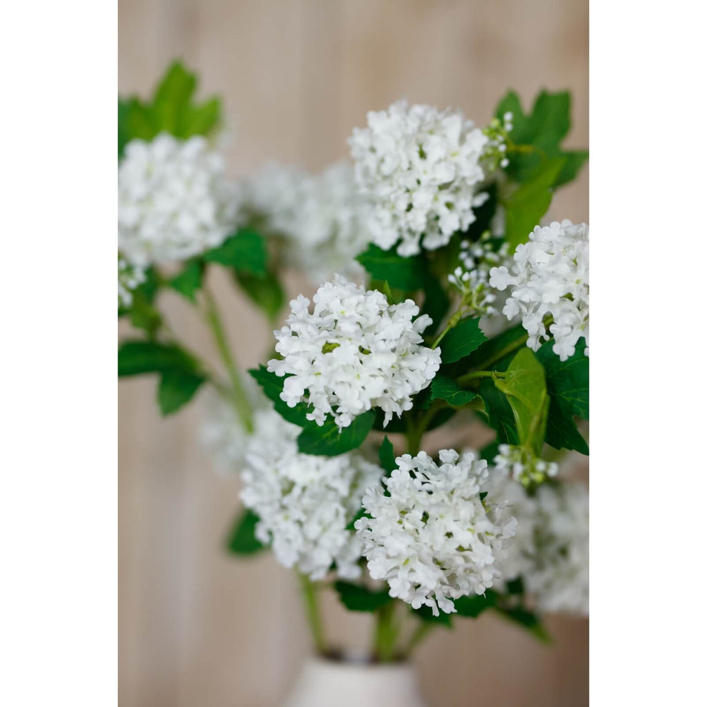Cream white faux snowball viburnum spray with green foliage, 30-inch lifelike floral arrangement for home decor by Sostter at brixbailey.com