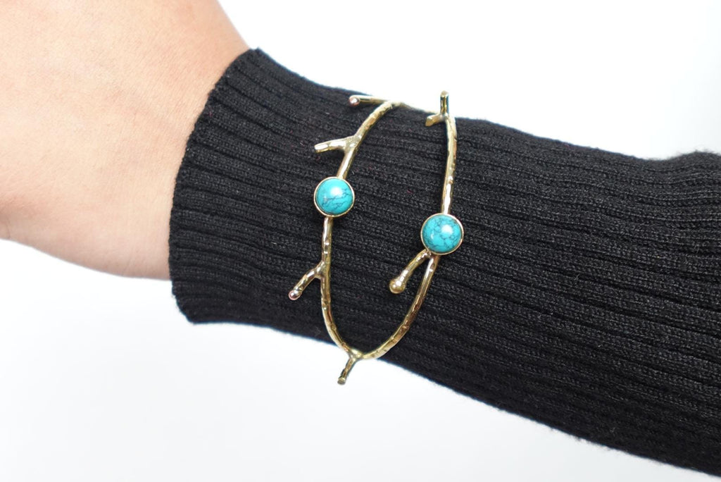 Turquoise Moonstone Twig Open Brass Bangle