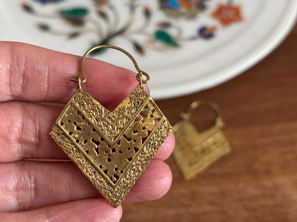 Textured Chevron Statement Earrings in Antique Gold